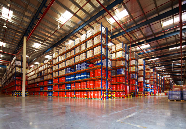 A 3PL warehouse with red crates and blue racks