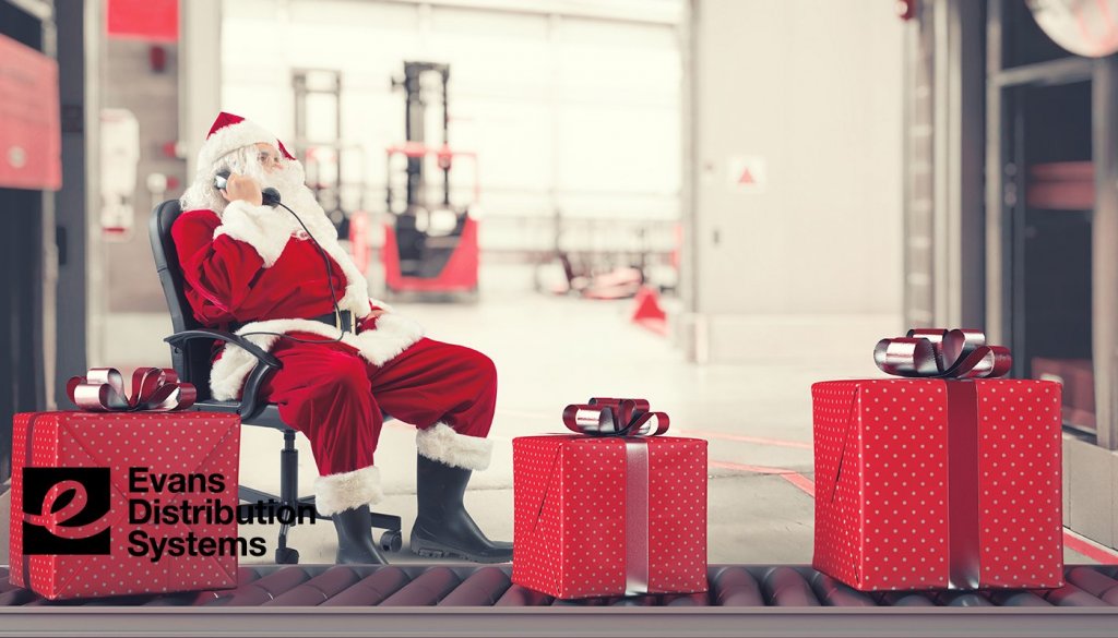 Holiday Warehousing Challenges 2021 image. Santa running a warehouse. Inventory pileup.